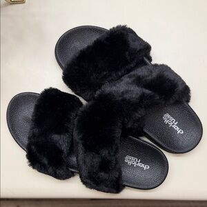 Charlotte Russe Black Faux Fur Double Strap Slide Sandals